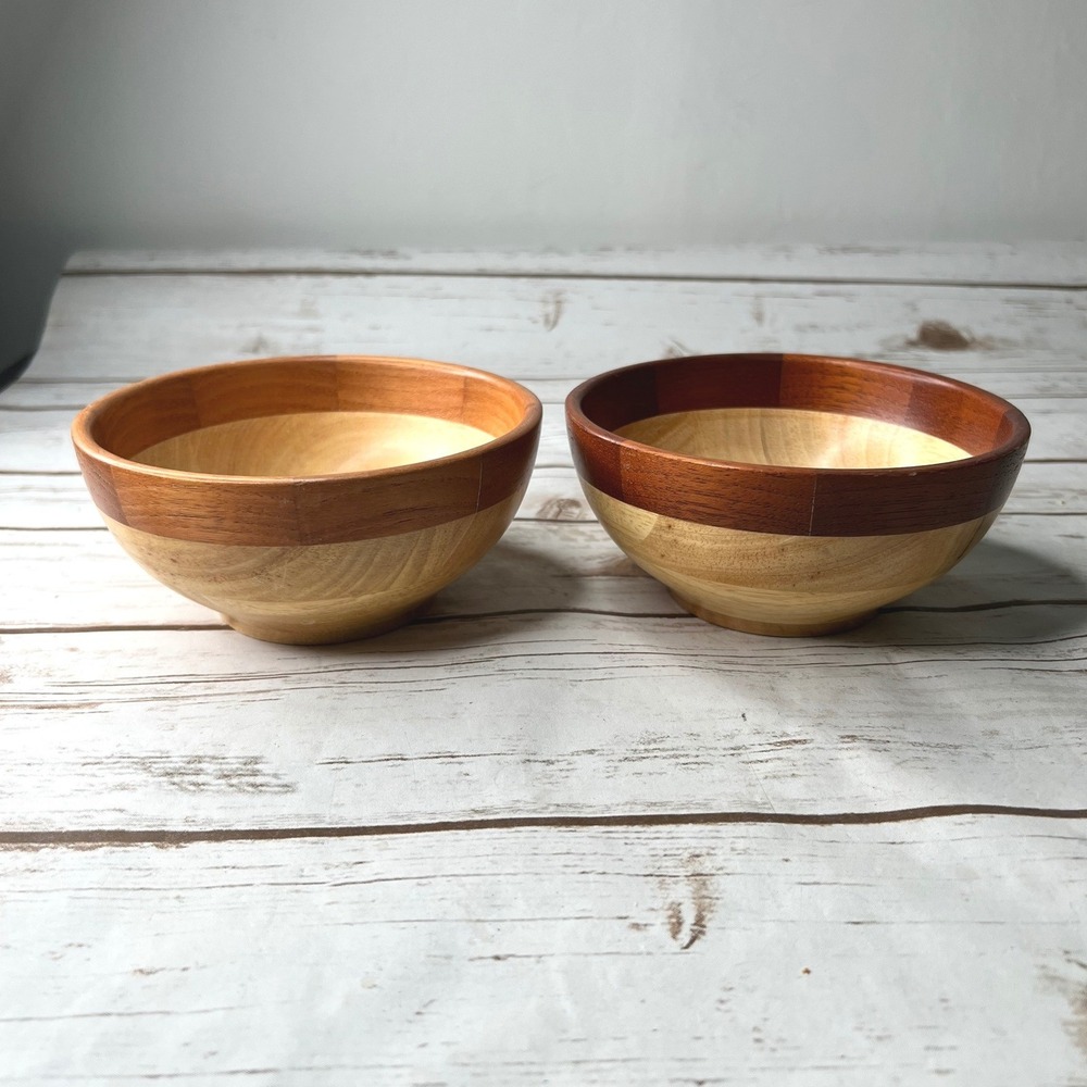 MCM Pomerantz Wooden Bowls Tan Brown Two-Tone Stacked Wood Set of 2 6in